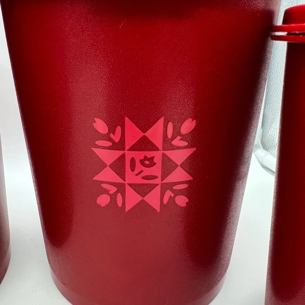 Tupperware Servalier Canister Set 4pc Red Tulip Quilt Vintage 70s Sunburst Lid
